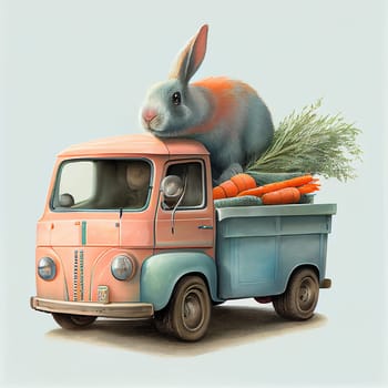 Rabbit sitting on a truck loaded with fresh carrots, easter holiday greeting card, funny character, generative AI