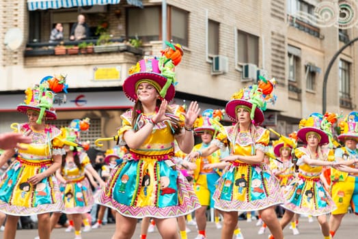 Badajoz, Spain, sunday. February 19 2023. Parade through the streets of Badajoz, group called Los infectos acelerados