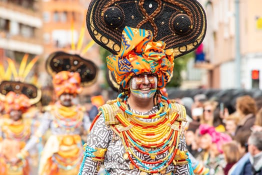 Badajoz, Spain, sunday. February 19 2023. Parade through the streets of Badajoz, group called Valkerai