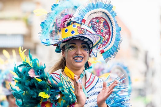 Badajoz, Spain, sunday. February 19 2023. Parade through the streets of Badajoz, group called moracantana