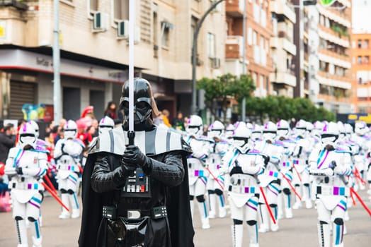Badajoz, Spain, sunday. February 19 2023. Parade through the streets of Badajoz, group called  Los Pirulfos.