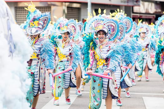 Badajoz, Spain, sunday. February 19 2023. Parade through the streets of Badajoz, group called moracantana
