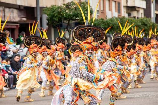 Badajoz, Spain, sunday. February 19 2023. Parade through the streets of Badajoz, group called Valkerai