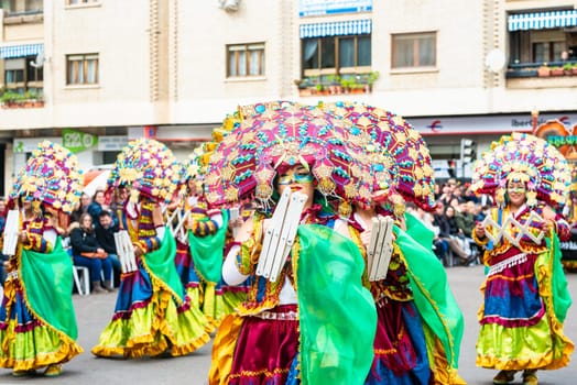 Badajoz, Spain, sunday. February 19 2023. Parade through the streets of Badajoz, group called Themba