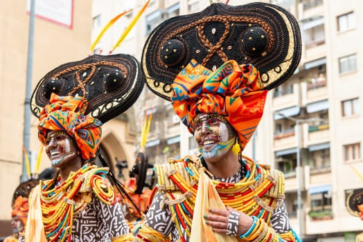 Badajoz, Spain, sunday. February 19 2023. Parade through the streets of Badajoz, group called Valkerai