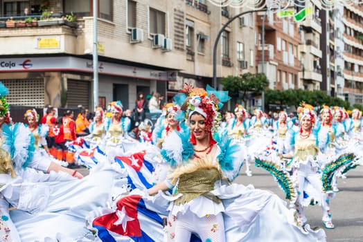 Badajoz, Spain, sunday. February 19 2023. Parade through the streets of Badajoz, group called Marabunta