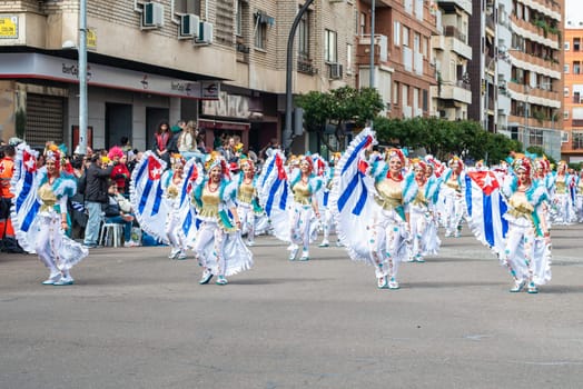 Badajoz, Spain, sunday. February 19 2023. Parade through the streets of Badajoz, group called Marabunta