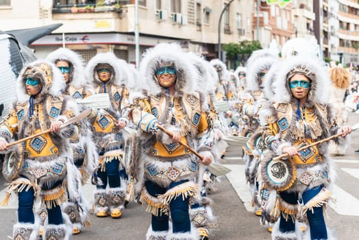 Badajoz, Spain, sunday. February 19 2023. Parade through the streets of Badajoz, group called El Vaivén