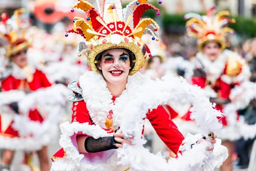 Badajoz, Spain, sunday. February 19 2023. Parade through the streets of Badajoz, group called Los Rikis