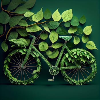 Bicycle covered with green leaf tendril, eco and environment concept, sustainable transport and travel, earth day, generative AI