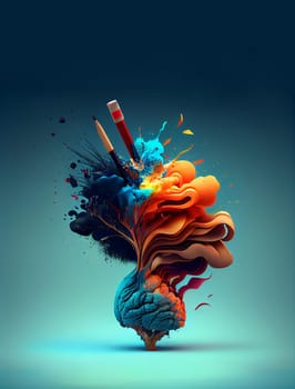 Creative brain with colorful splashes and pens, explosion of ideas, brainstorming for solutions, positive thinking, generative AI