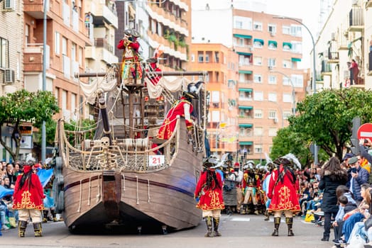 Badajoz, Spain, sunday. February 19 2023. Parade through the streets of Badajoz, group called umsuka imbali