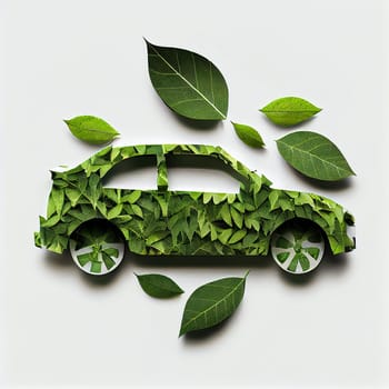 Green electric car made from leaves, sustainable and renewable ressources, eco power, environment issue