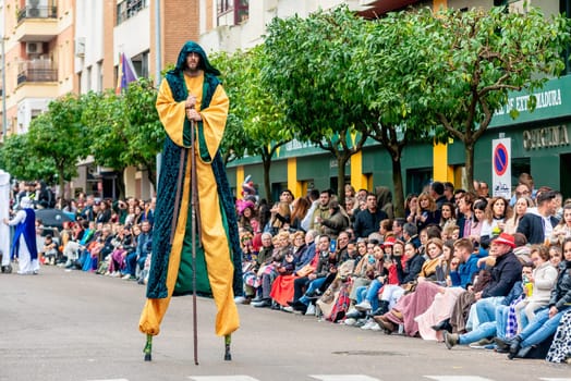 Badajoz, Spain, sunday. February 19 2023. Parade through the streets of Badajoz, group called montihuakan