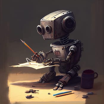 Artificiial intelligence robot drawing a picture, cyborg artist replacing humans, futuristic technology, generative AI
