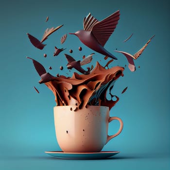 Cup of hot chocolate drink, birds flying from the splash, creative concept, take a break, generative AI