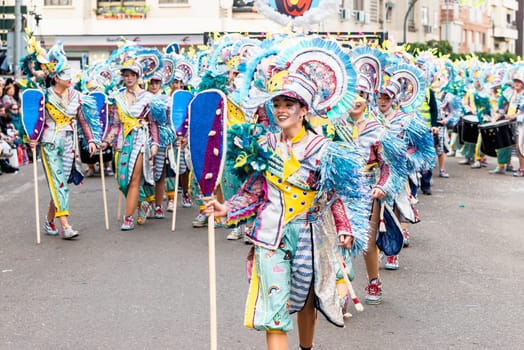 Badajoz, Spain, sunday. February 19 2023. Parade through the streets of Badajoz, group called moracantana