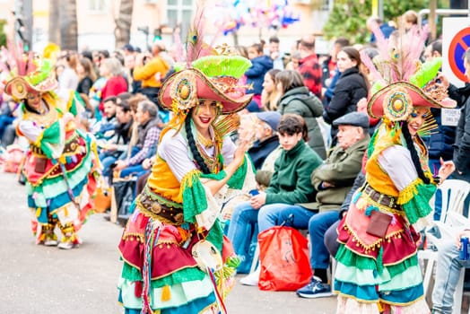 Badajoz, Spain, sunday. February 19 2023. Parade through the streets of Badajoz, group called la movida zingara