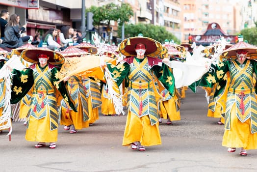 Badajoz, Spain, sunday. February 19 2023. Parade through the streets of Badajoz, group called Los infectos acelerados
