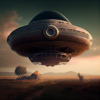 UFO landing, alien invasion and visit, extraterrestrial civilization, paranormal sience fiction, generative AI