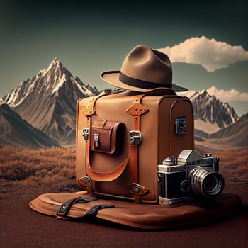 Suitcase with a camera and hat, hiking in the mountains, summer holiday feeling, retro style, travel concept, generative AI