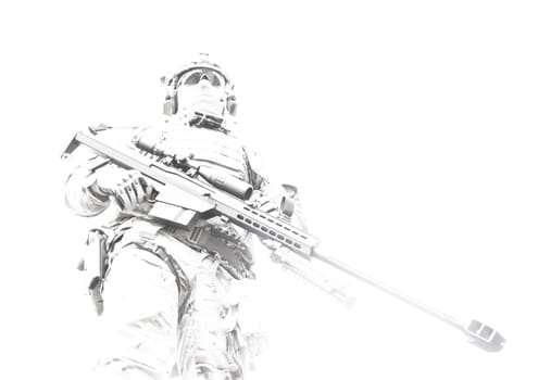 Army sniper of special forces in action posing with large caliber rifle. Low angle view, high key. Standing tall, with their weapon at the ready, skill and confidence of a marksman. Respect for the difficult and dangerous work soldier do.