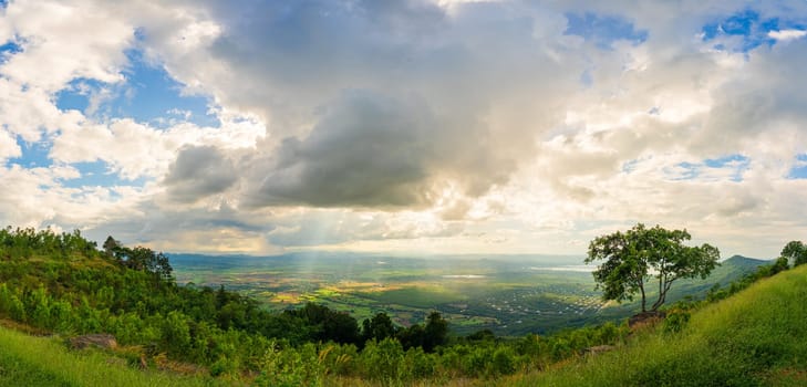 Mountain landscape with sunset on the cloudy sky,Sunset in nature with lighted clouds