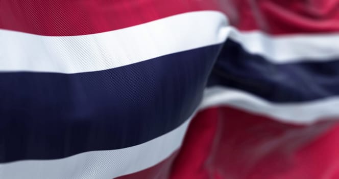 Detail of the Thailand national flag waving in the wind. Five horizontal stripes in red-white-blue-white-red. 3d illustration render. Selective focus. Close-up. Textured fabric background