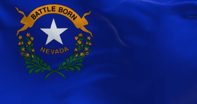 Nevada state flag waving. Blue background, white star, "Battle Born"" ribbon, green branches with yellow sagebrush flowers. 3d illustration render. Close-up. Textured fabric background"