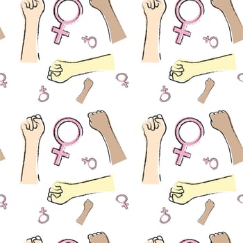 Seamless pattern with hands clenched into a fist, women of different races and a female symbol. The concept of international women's day on March 8. Vector image.