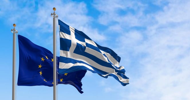 The flags of Greece and the European Union waving together on a clear day. Greece became a member of the European Union on 1981. 3d illustration render. International treaty and diplomacy