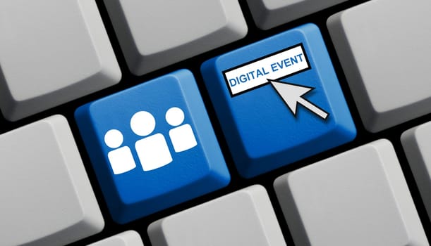 Red computer keyboard with group of people showing digital event in german language 3D illustration