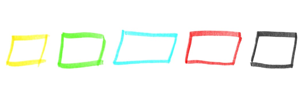 Set of 5 colorful hand drawn rectangle frames: Yellow, green, blue, red and black