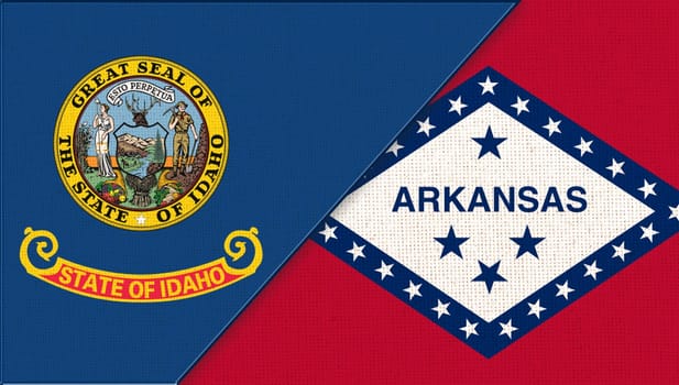 Sports competition. sports match between Idaho and Arkansas. Sportive competition. Flags of Idaho and Arkansas. Doudle flags of Idaho and Arkansas on fabric surface. symbol of states on fabric texture
