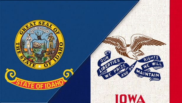 Sports competition. sports match between Idaho and Iowa. Sportive competition. Flags of Idaho and Iowa. Doudle flags of Idaho and Iowa on fabric surface. symbols of states on fabric texture