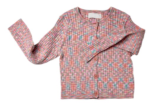 Girls clothes. Multi-colored knitted elegant fluffy cardigan or jumper with v-neck and button closure isolated. Clipping path. Kids and children's fashion.
