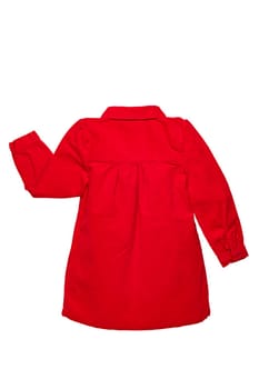 Summer dress isolated. A beautiful red girl's dress with attached heart shaped pockets and long sleeves isolated on white. Kids spring and autumn fashion. Back view.