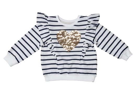 Spring children clothes. Close-up of a stylish beautiful black and white striped little girl sweater or pullover with a heart isolated. Clipping path. Kids winter or autumn fashion.