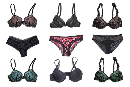 Underwear woman isolated. Collage of luxurious elegant lacy thongs panties and female stylish various bra with laces and straps. Set of sexy lace lingerie.