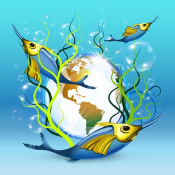 Underwater world with three blue swordfishes swimming around the earth and bubbles, allegory illustration