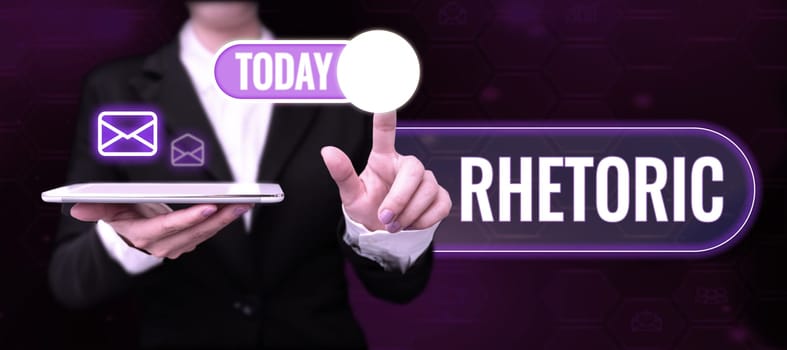 Text caption presenting Rhetoric, Business approach study of writing or speaking as mean of communication or persuasion