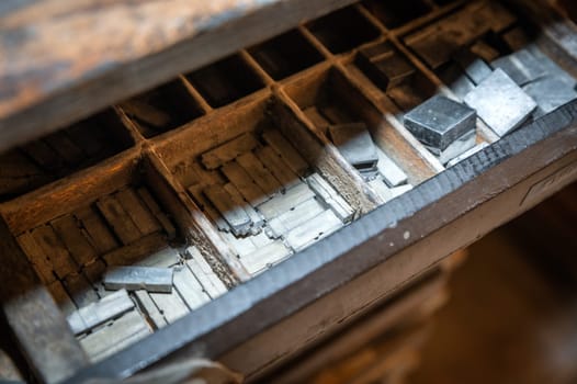 January 17 2023 Brest, Finistere, France : Old printing company with old metal letters in a drawer