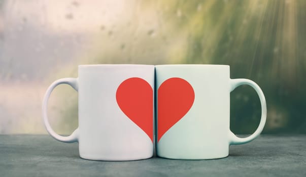 Mug couple with a huge heart on a window sill cuddle, cup of coffee, relationship and friendship concept,love