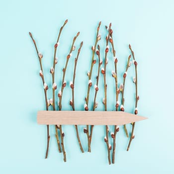 Willow branches with a tag, easter holiday greeting card, spring season background