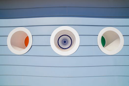 Decorated portholes at sheashore house. Cabanas de Tavira, Portugal