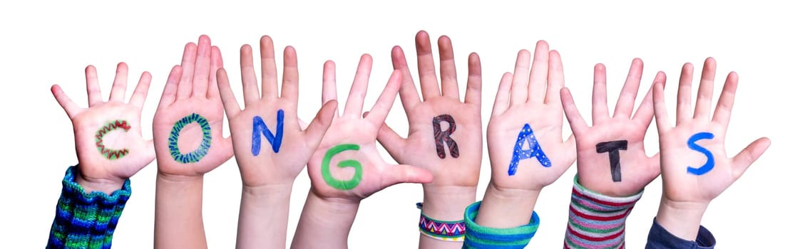 Children Hands Building Colorful English Word Congrats. Isolated White Background.