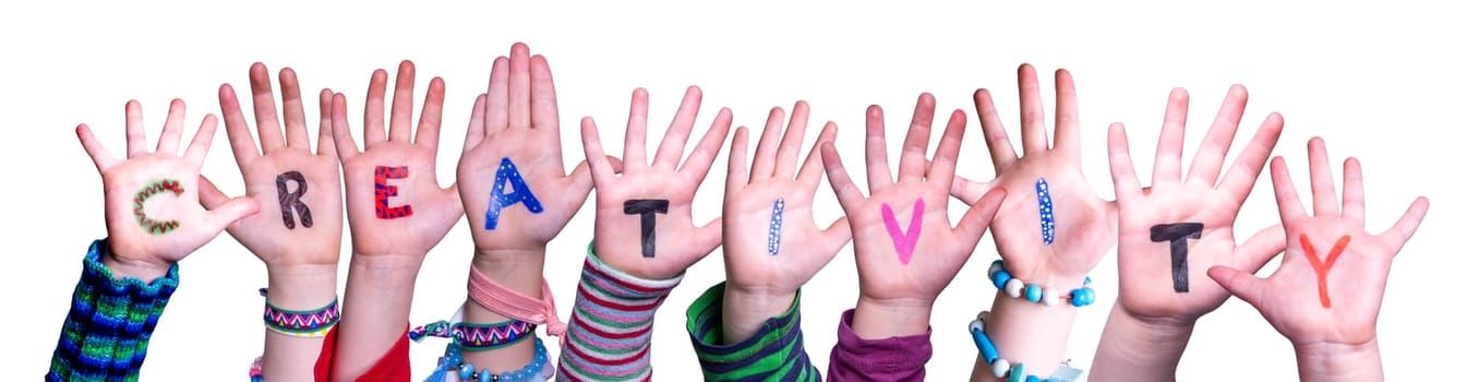 Children Hands Building Colorful English Word Creativity. Isolated White Background.