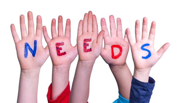 Children Hands Building Colorful English Word Creative. Isolated White Background.