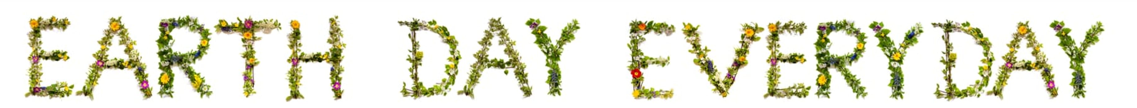 Flower, Branches And Blossom Letter Building English Word Earth Day Everyday. White Isolated Background