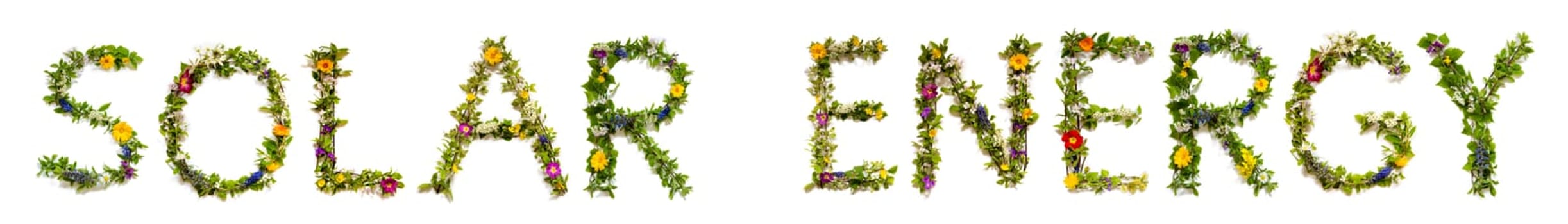 Blooming Flower Letters Building English Text Solar Energy. Summer And Spring Season Blossoms And Flower Lei.